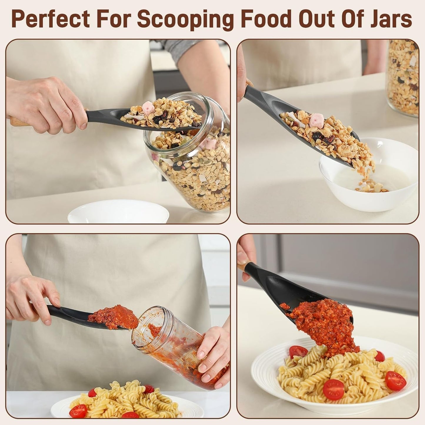 3 PACK Cooking Spatula Spoon for Nonstick Cookware, Multifunction Spoonula Great for Cooking, Serving, Baking, Mixing, Stirring, Scoop, Scrape - Sturdy BPA-Free Heat Resistant Silicone & Wood Handle