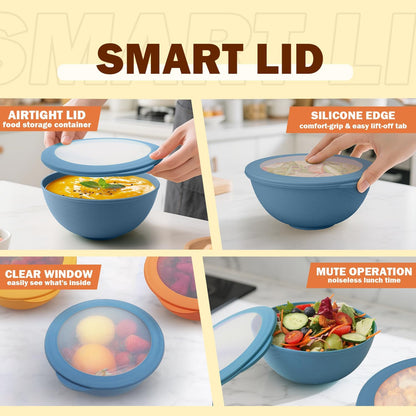 Wheat Straw Bowls Set with Lids, Unbreakable 40 OZ Cereal Bowls Set of 4, Salad Container for Lunch, Microwave & Dishwasher Safe Bowl Set for Kitchen, Picnic, RV, Camping, Multi