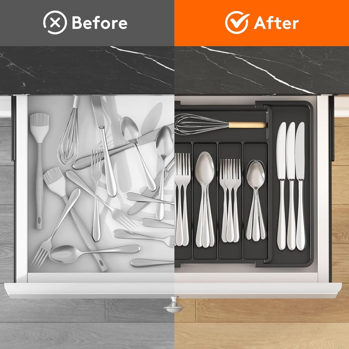 Lifewit Silverware Drawer Organizer, Expandable Utensil Tray for Kitchen, BPA Free Flatware and Cutlery Holder, Adjustable Plastic Storage for Spoons Forks Knives, 11-18 x 14", Black