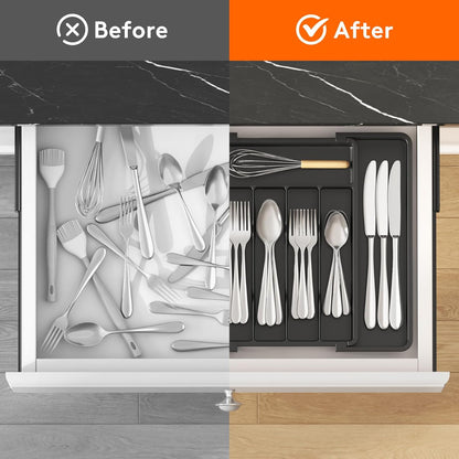 Lifewit Silverware Drawer Organizer, Expandable Utensil Tray for Kitchen, BPA Free Flatware and Cutlery Holder, Adjustable Plastic Storage for Spoons Forks Knives, 11-18 x 14", Black