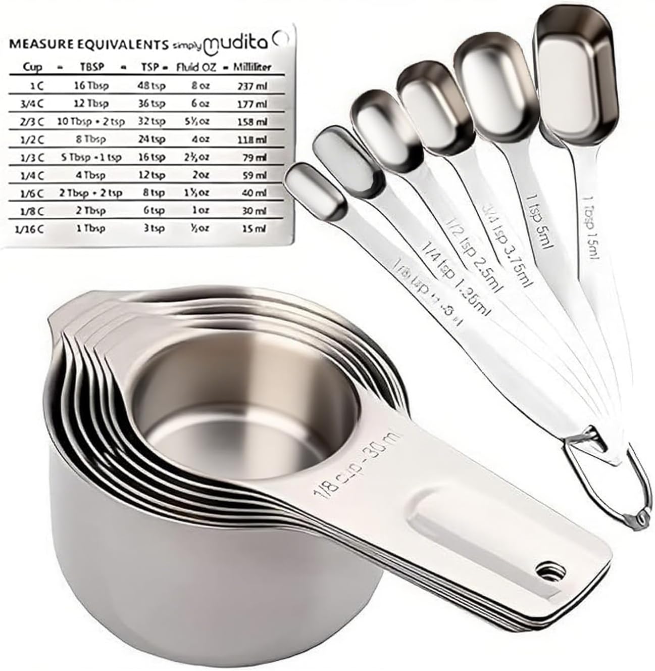 Measuring cup and spoon set stainless steel 13 inch 18/8 stainless steel: 7 measuring cups and 5 measuring spoons, with a professional magnetic measurement conversion table
