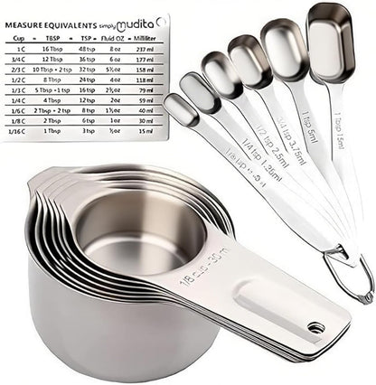 Measuring cup and spoon set stainless steel 13 inch 18/8 stainless steel: 7 measuring cups and 5 measuring spoons, with a professional magnetic measurement conversion table