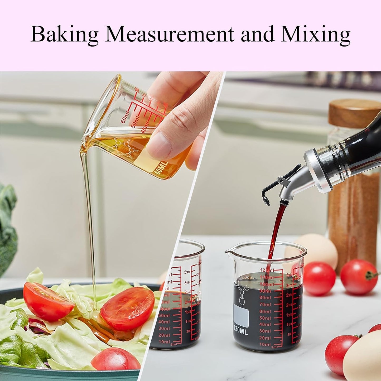 High Borosilicate Glass Measuring Cup-V-Shaped Spout，Glass Measuring Beaker for Kitchen or Restaurant, Easy to Read, 60 ML (2 Oz)-Pack of 2