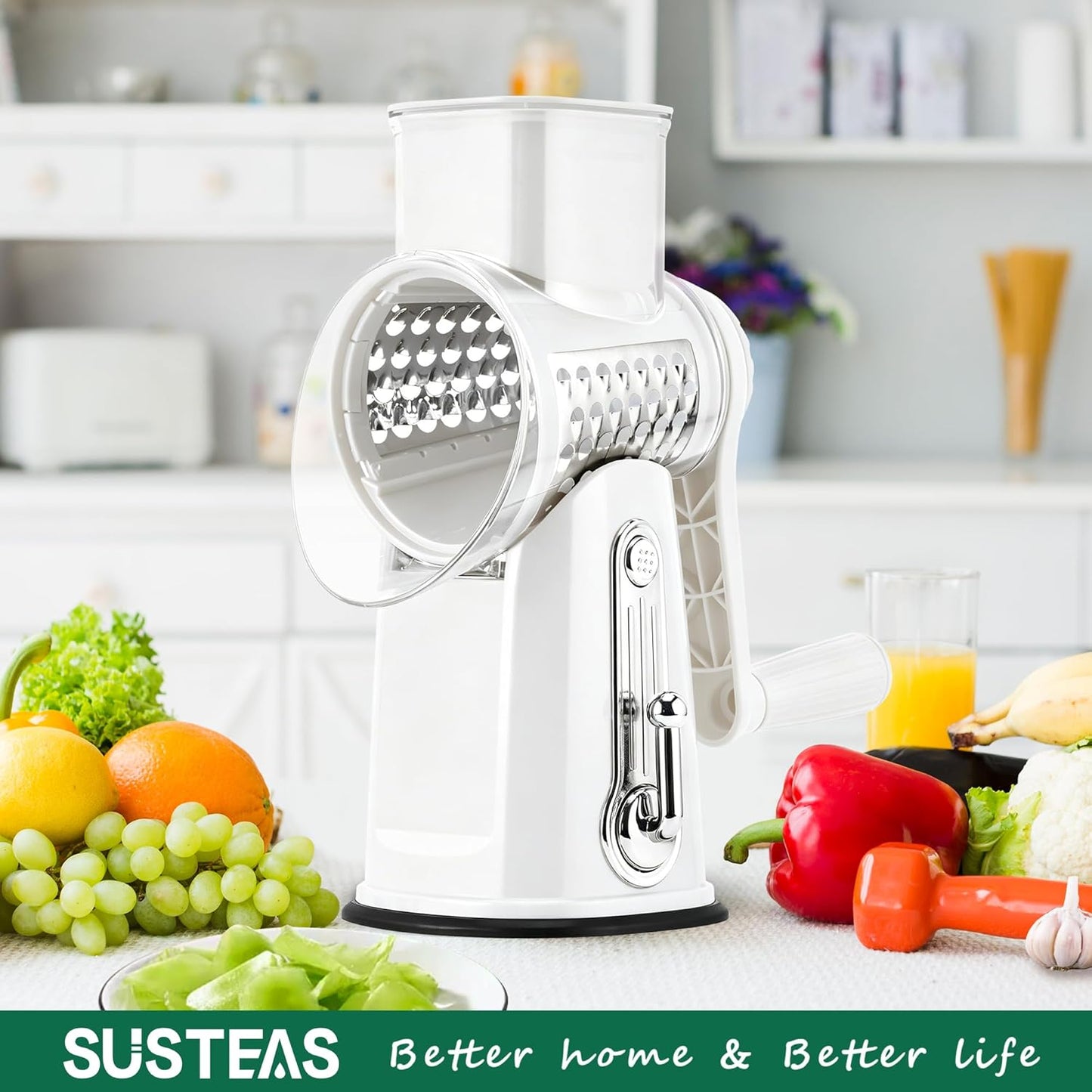 SUSTEAS Rotary Cheese Grater with Handle - Vegetable Shredder with 5 Well-designed Blades & Strong Suction Base,Round Mandoline Slicer & Food Chopper for Kitchen,with Blade Storage Box(Beige)