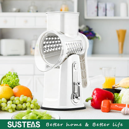 SUSTEAS Rotary Cheese Grater with Handle - Vegetable Shredder with 5 Well-designed Blades & Strong Suction Base,Round Mandoline Slicer & Food Chopper for Kitchen,with Blade Storage Box(Beige)