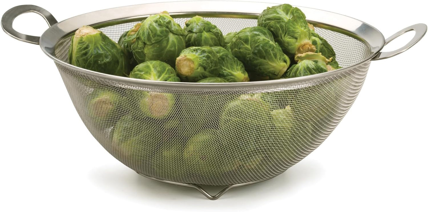 RSVP International Mesh Colander Strainer Basket with Folding Handles, 3 Quarts | For Pasta, Frying, & Salads | Dishwasher Safe | Use in Pressure Cookers | Steaming, Draining & Rinsing
