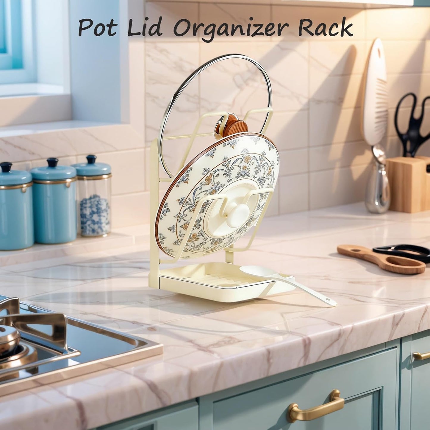 Kitchen Pot Lid Storage Rack, Stainless Steel Pot Lid Holder While Cooking for Countertop, Multifunctional Pots Lids Organizer Rack with Removable Drip Tray for Spatulas, Ladles & Large Lids (Gray2)