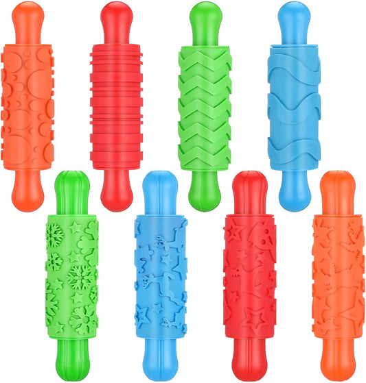 Aoriher 8 Pcs Play Clay Rollers for Kids Textured Rollers with Plastic Handles Play Clay Accessories Pattern Rolling Pins for DIY Art Signs Posters Craft Creations