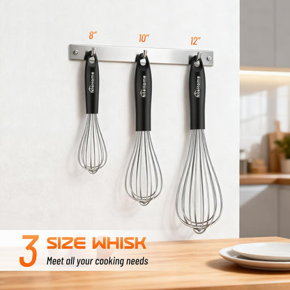 NileHome Silicone Whisk Set 8" 10" 12" Kitchen Whisk Kitchen Wisk Wire Whisks for Cooking, Whisking, Blending, Beating, Stirring-Black 3 Pack