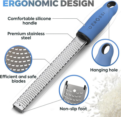 Stainless Steel Cheese and Citrus Zester Grater w/Extra Sharp Blade - Perfect for Lemons, Parmesan, Garlic, Chocolate - Spice Up any Kitchen Dish in Seconds with Your Premium Hand Held Shredder
