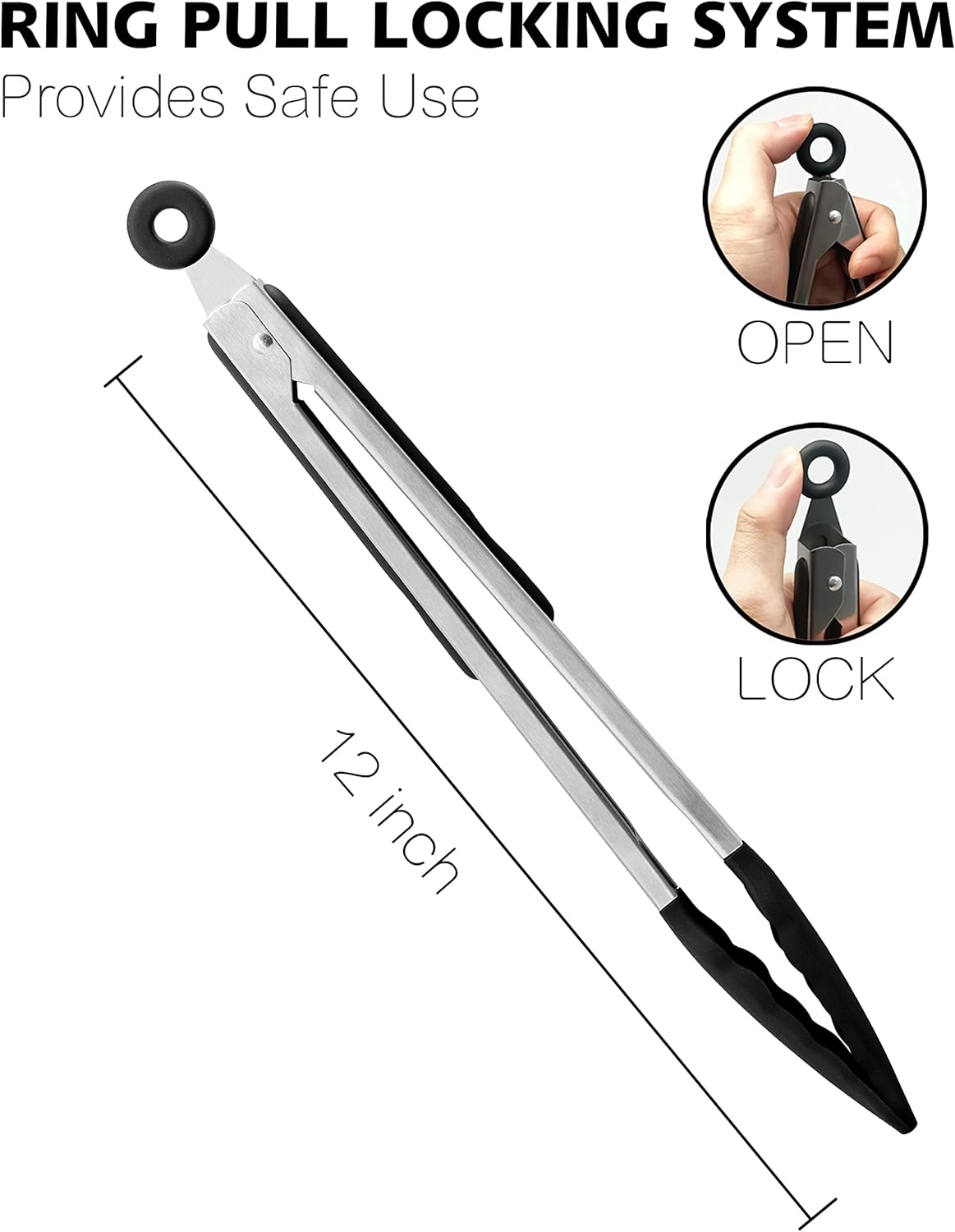 Anaeat Non-Stick Silicone Locking Tong Set of 3 - Stainless Steel 7", 9", 12" Kitchen Food Tongs with Non-Slip Silicone Tips and Grip for Cooking, Baking and BBQ - Heat Resistant up to 480°F (Black)