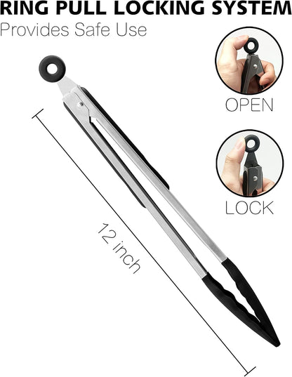 Anaeat Non-Stick Silicone Locking Tong Set of 3 - Stainless Steel 7", 9", 12" Kitchen Food Tongs with Non-Slip Silicone Tips and Grip for Cooking, Baking and BBQ - Heat Resistant up to 480°F (Black)