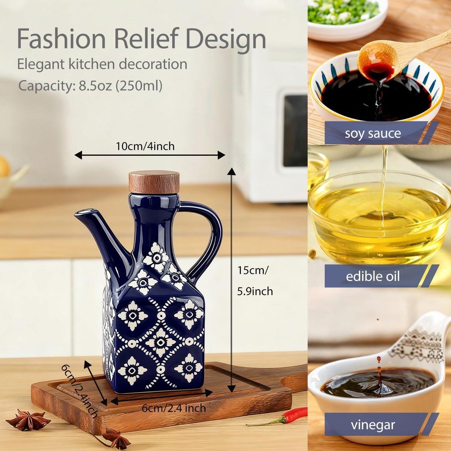 Olive Oil Dispenser Bottle Ceramic，8.5 Oz Decoration Oil Dispenser for Kitchen，Leakproof Oil And Vinegar Container with Handle，Italian Cooking Oil Cruet，Easy Pour (Blue)