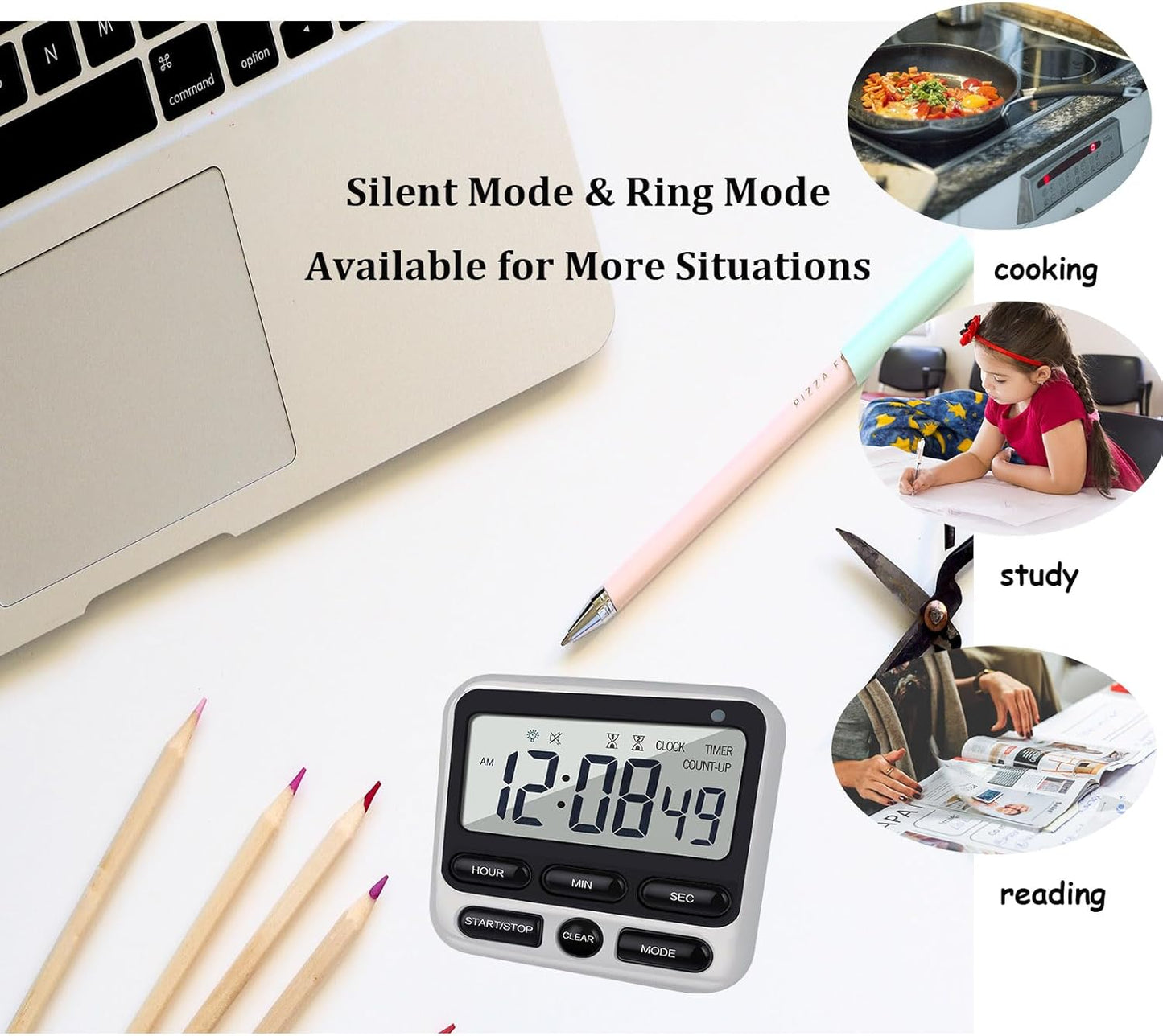 2-Pack Digital Dual Kitchen Timers with Magnet, 24-Hour Countdown & Stopwatch, Loud Alarm, 12/24H Clock, Calendar, Mute Mode, Visual Indicator, Batteries Included (Black)