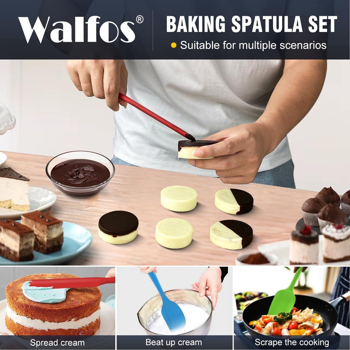 Walfos Silicone Spatula Set of 5 - (600°F) High Heat Resistant Kitchen Scraper Spatulas, One-Pieces Seamless Design, Perfect for Cooking Mixing & Baking - BPA Free and Dishwasher Safe,black