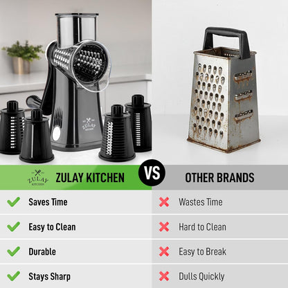 Zulay Kitchen Rotary Cheese Grater 5 Blade Cheese Shredder - Manual Hand Crank Cheese Grater With Reinforced Suction & 5 Interchangeable Drums - Easy to Use, Vegetable Chopper Round Mandoline Slicer - Colors A