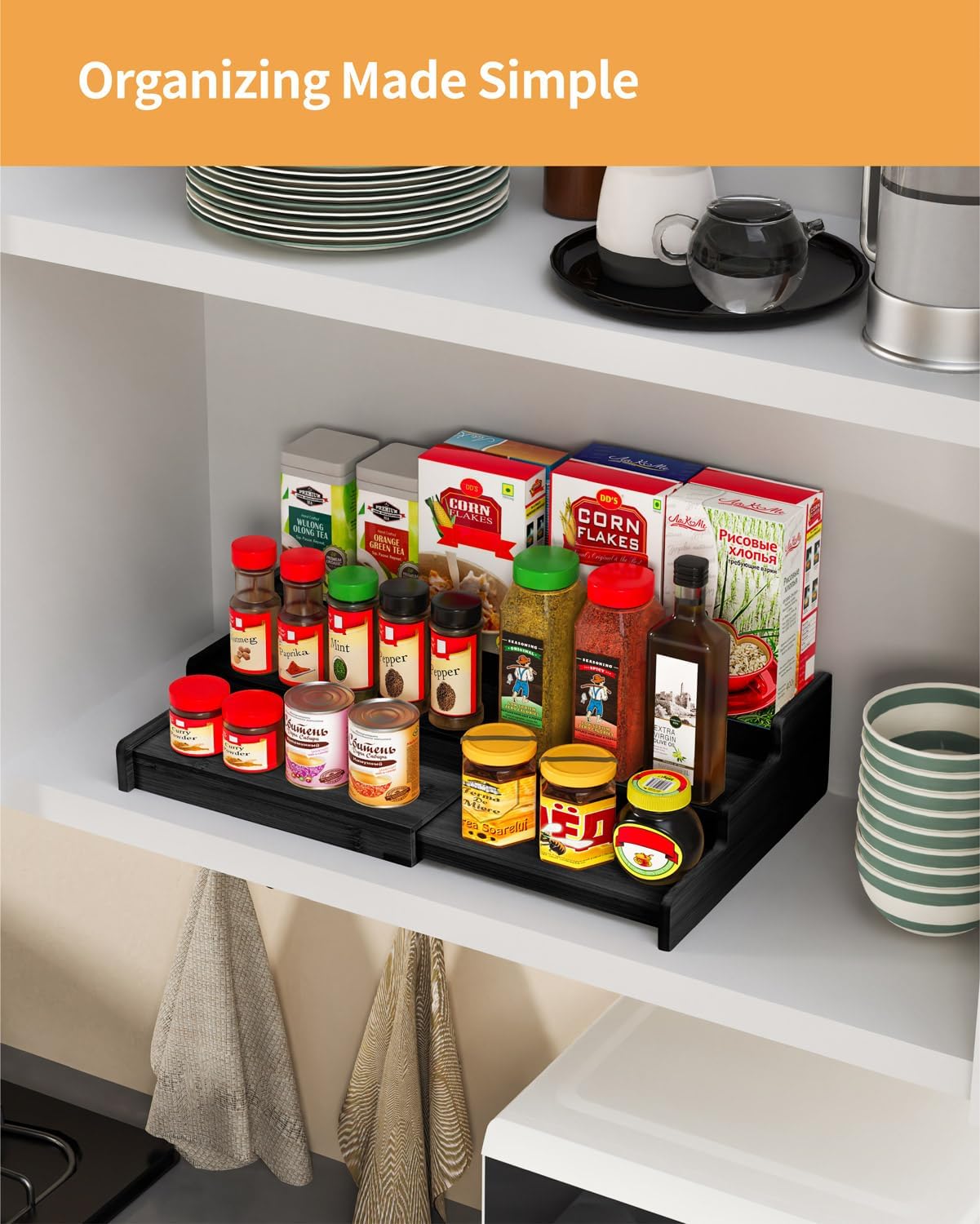VenDotbi Spice Rack, 3-Tier Expandable Bamboo Spice Rack Organizer for Cabinet - Kitchen, Pantry and Cupboard Storage Organizer