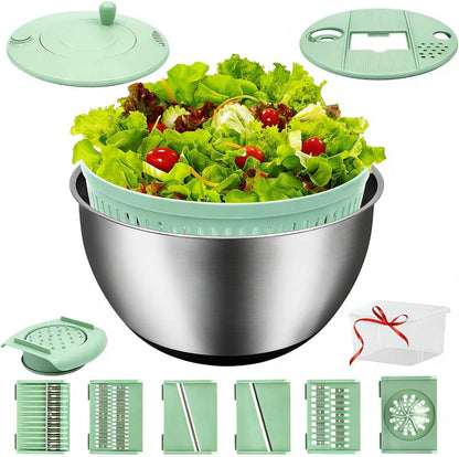 5.3QT Salad Spinner Large,Stainless Steel Lettuce Spinner,Fruit Vegetables Wash Bowl with 5 Blade Slicer,Egg Yolk Strainer Slicer Shredder,Kitchen Colander for Salad Make and Food Washing