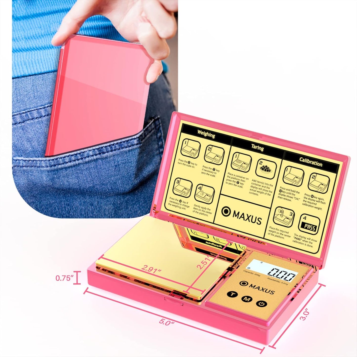 MAXUS Digital Pocket Gram Scale 500g x 0.01g High Precision with Tray, Weighs Small Food, Jewelry, Ounces, Grains, LCD Display, Tare Function