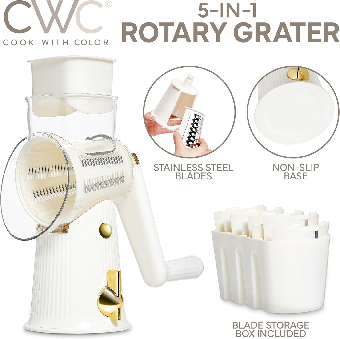 COOK WITH COLOR Rotary Cheese Grater with Handle - Counter Cheese Grater Suction Base with Hand Crank - 5 Blade Cheese Shredder - Easy to Use Manual Vegetable Chopper and Mandolin