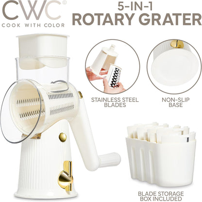 COOK WITH COLOR Rotary Cheese Grater with Handle - Counter Cheese Grater Suction Base with Hand Crank - 5 Blade Cheese Shredder - Easy to Use Manual Vegetable Chopper and Mandolin