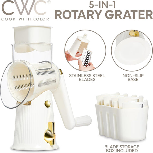 COOK WITH COLOR Rotary Cheese Grater with Handle - Counter Cheese Grater Suction Base with Hand Crank - 5 Blade Cheese Shredder - Easy to Use Manual Vegetable Chopper and Mandolin
