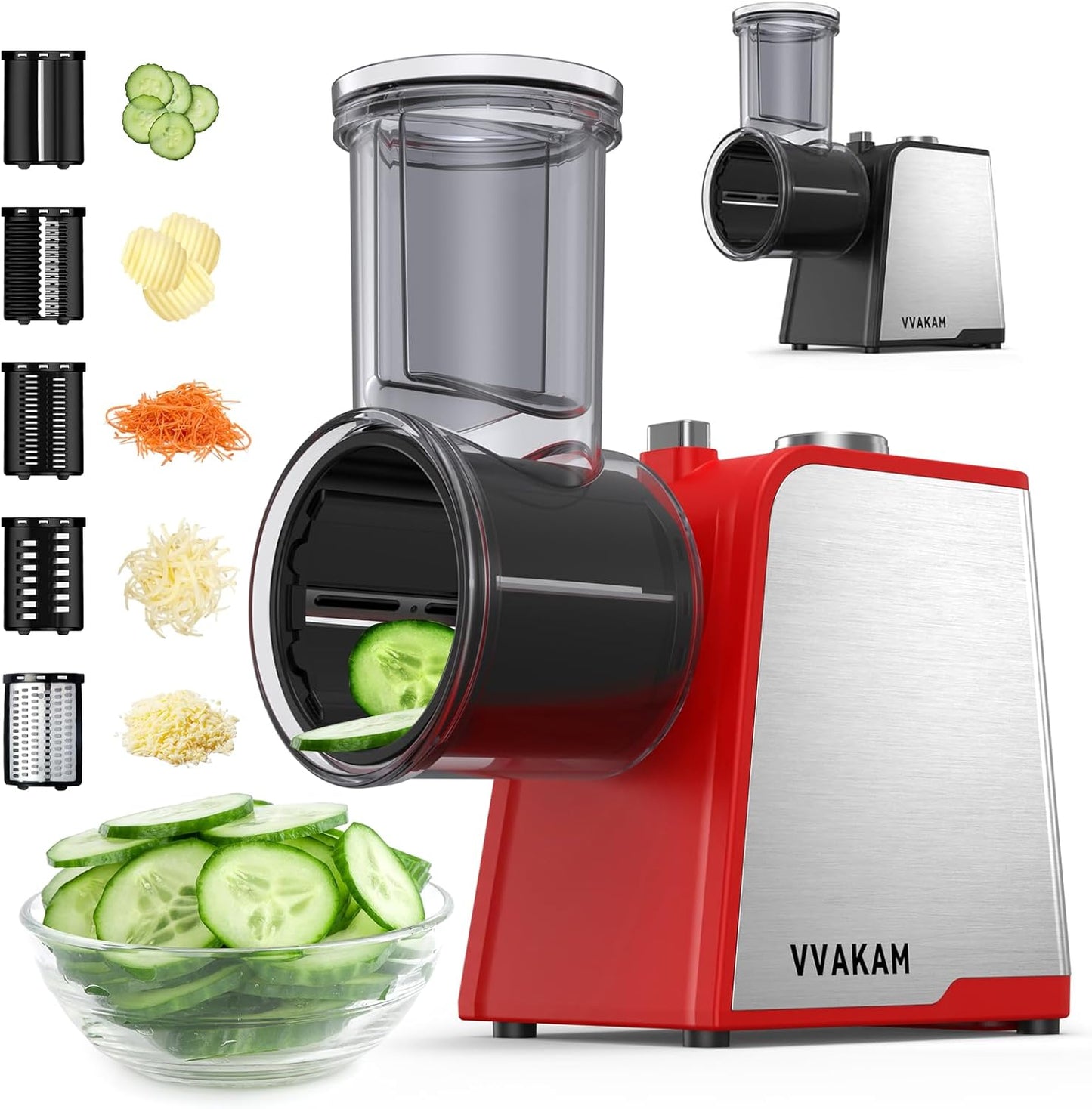 Electric Cheese Grater,300W DC Motor Salad Maker,Electric Slicer Shredder with 5 Different Shapes of Blades,Electric Vegetable Cutter for Potato,Carrot,Black