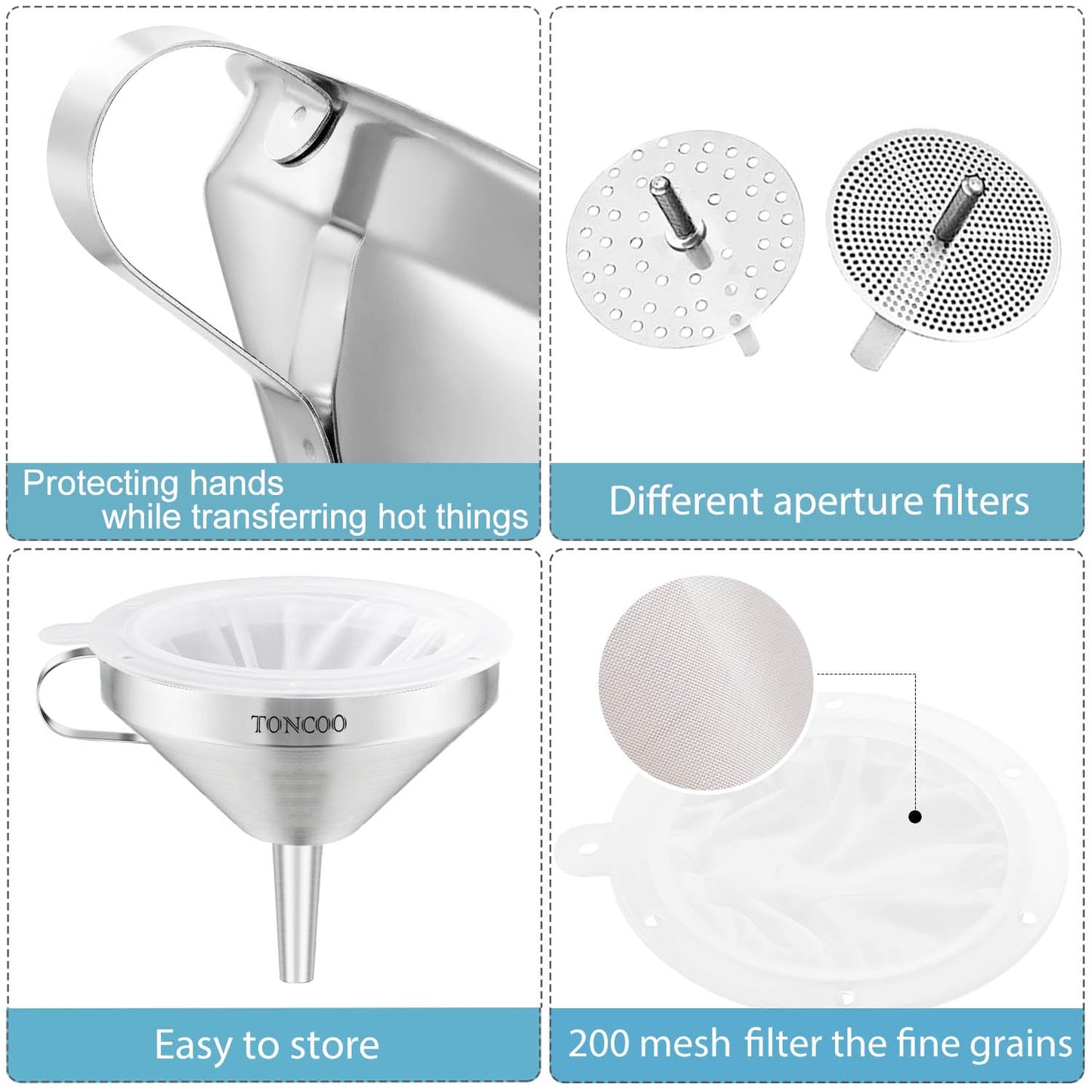 Toncoo 3 Pack Stainless Steel Funnels for Kitchen Use, Food Grade Cooking Funnel with 3 Strainer, Kitchen Funnel Set Metal Funnels for Filling Bottles