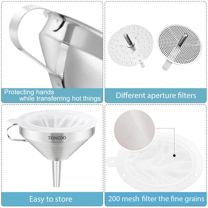 Toncoo 3 Pack Stainless Steel Funnels for Kitchen Use, Food Grade Cooking Funnel with 3 Strainer, Kitchen Funnel Set Metal Funnels for Filling Bottles