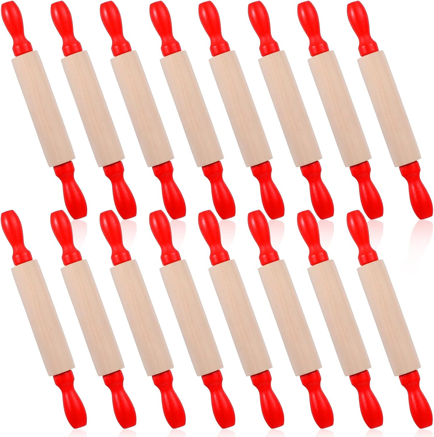 16 Pcs Mini Rolling Pin, 8 Inch Wood Dough Roller for Baking with Red Handle, Small Clay Rolling Pin for Craft Fondant Pastry Pizza Crafting and Imaginative Play