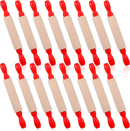 16 Pcs Mini Rolling Pin, 8 Inch Wood Dough Roller for Baking with Red Handle, Small Clay Rolling Pin for Craft Fondant Pastry Pizza Crafting and Imaginative Play