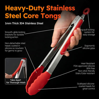 HST 3 Pack Kitchen Tongs, Non Stick Stainless Steel 9 Inch Tongs With Silicone Tip for Cooking BBQ Baking(Red)