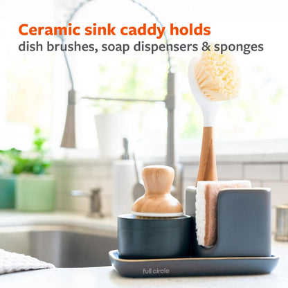 Full Circle Stash, Ceramic Kitchen Sink Caddy, Stylish Sponge Holder & Dish Brush Organizer, Easy to Clean, Dishwasher Safe, Rustproof, White and Gray