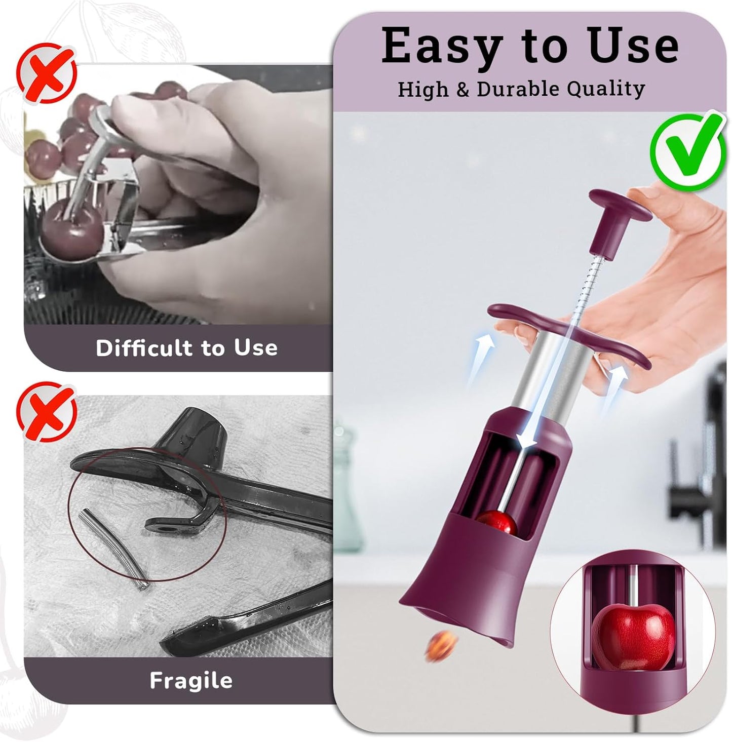 Upgraded Cherry Pitter Tool, Press-Type Cherry Pit Remover, Large 33mm Cherry Seed Remover, Food-Grade Stainless Steel & PP Plastic, Durable Kitchen Tool for Fresh Cherries, Black