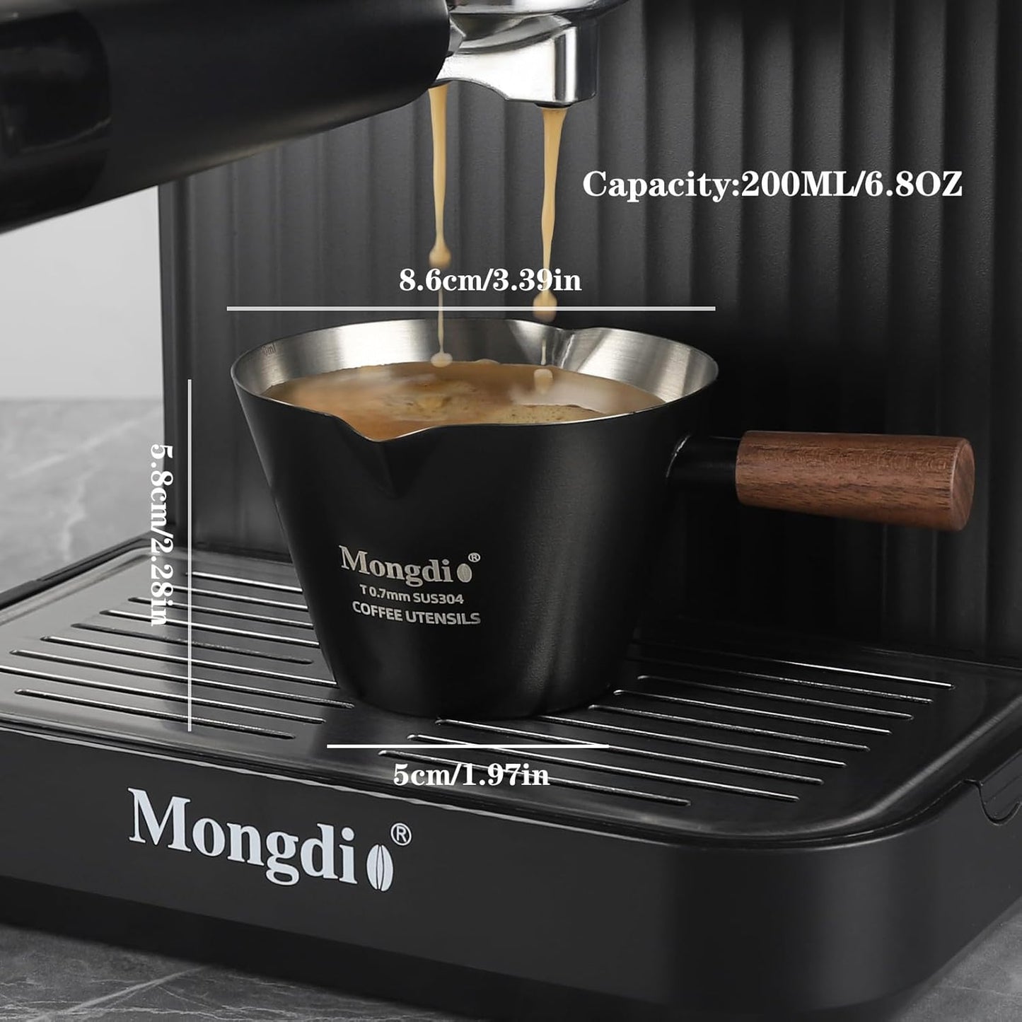 Mongdio Espresso Measuring Cup, Stainless Steel Espresso Shot Cups with Wooden Handle and Double Spouts, 6.8OZ/200ML, White
