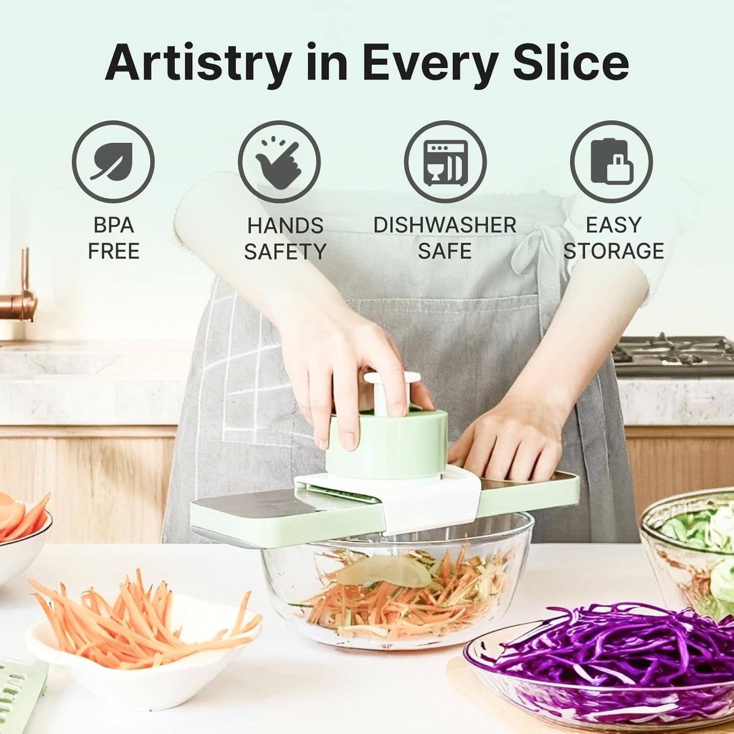 ZKIRON Stainless Steel Mandoline Slicer for Kitchen, 6-in-1 Vegetable Slicer with 360° Full-Cover Safety Guard, Adjustable Food Cutter for Potato, Carrot & Salad Prep, Space-Saving Design (Mint Green)