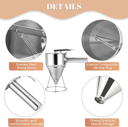 MAOPINER 1200ML 40.5OZ Stainless Steel Pancake Batter Dispenser, Piston Funnel Cake Maker Dispenser, Commercial Chocolate Confectionery Funnel with Stand for Takoyaki and Baking