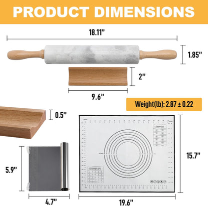 Koville African Natural Marble Rolling Pin, Non-Stick Polished Dough Roller, Pasta, Dumpling, Fondant, Pie Crust, Bread, Pizza Dough, Kitchen Baking Pastry Tools with Mat/Scraper（Namib Fantasy）