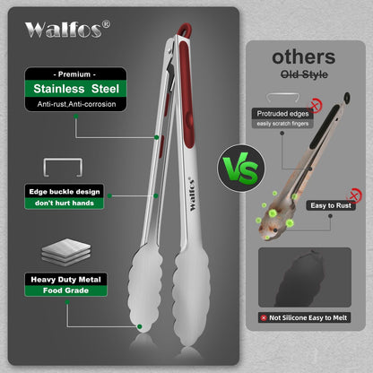 Walfos Silicone Tongs for Cooking - Heat Resistant kitchen tongs for Salad,Cooking, Grilling,Stainless Steel and BPA Free Silicone Tips set of 3 (7" 9" and 12 inch)