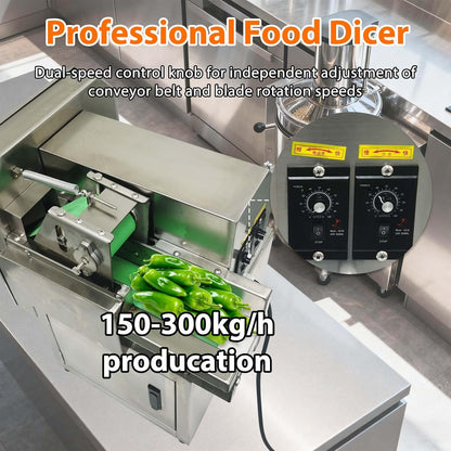 Commercial Vegetable Chopper, 150-300KG/H Electric Vegetable Cutter with Conveyor Belt & Stepless Speed Regulation, Professional Food Dicer for Veggie, Tomato, Lemon, Potato