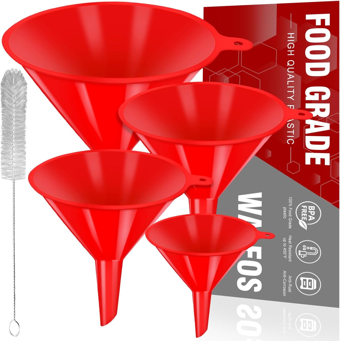Stainless Steel Funnel, Walfos 3 Pack Kitchen Funnel with 2 Removable Strainer ＆ 1Pcs Cleaning Brush, Perfect for Transferring of Liquid, Oils, Jam, Dry Ingredients & Powder