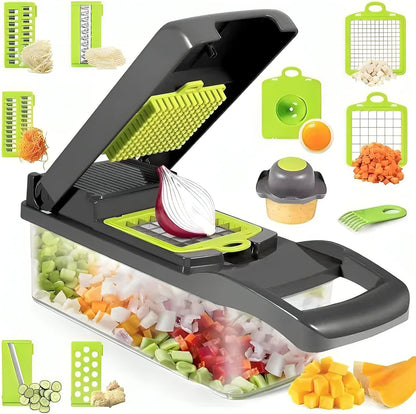 14-in-1 Vegetable Chopper & Mandoline Slicer with Container – Onion Chopper Dicer, Food Chopper with 8 Blades, Veggie Cutter for Salad, Potato, Carrot – BPA Free Kitchen Gadget, Dishwasher Safe