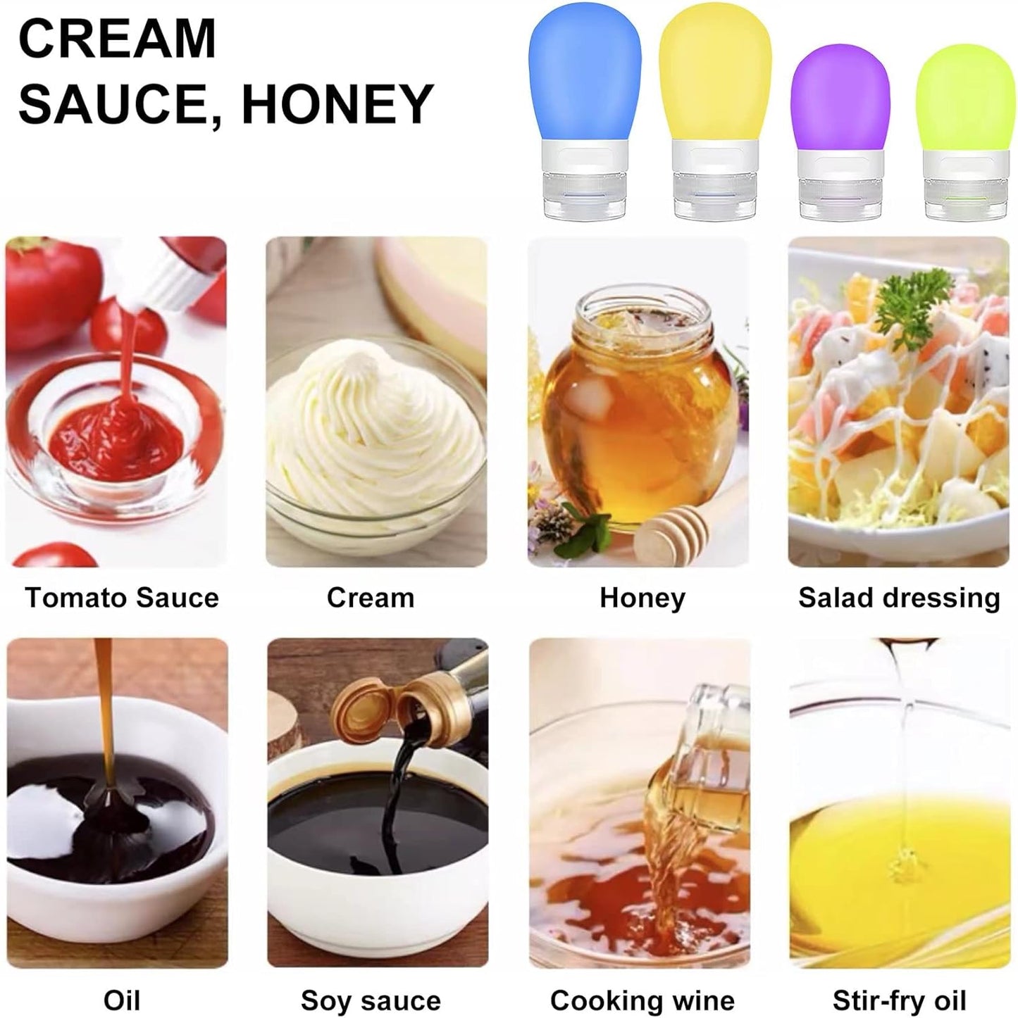 4-Pack Squeeze Salad Dressing Bottles, Leak Proof Food Storage Sauce Bottles Sauce Bottles, Portable Small Salad Dressing Containers,Food-grade Silicone- 4 Colors(1.3oz and 2 oz)