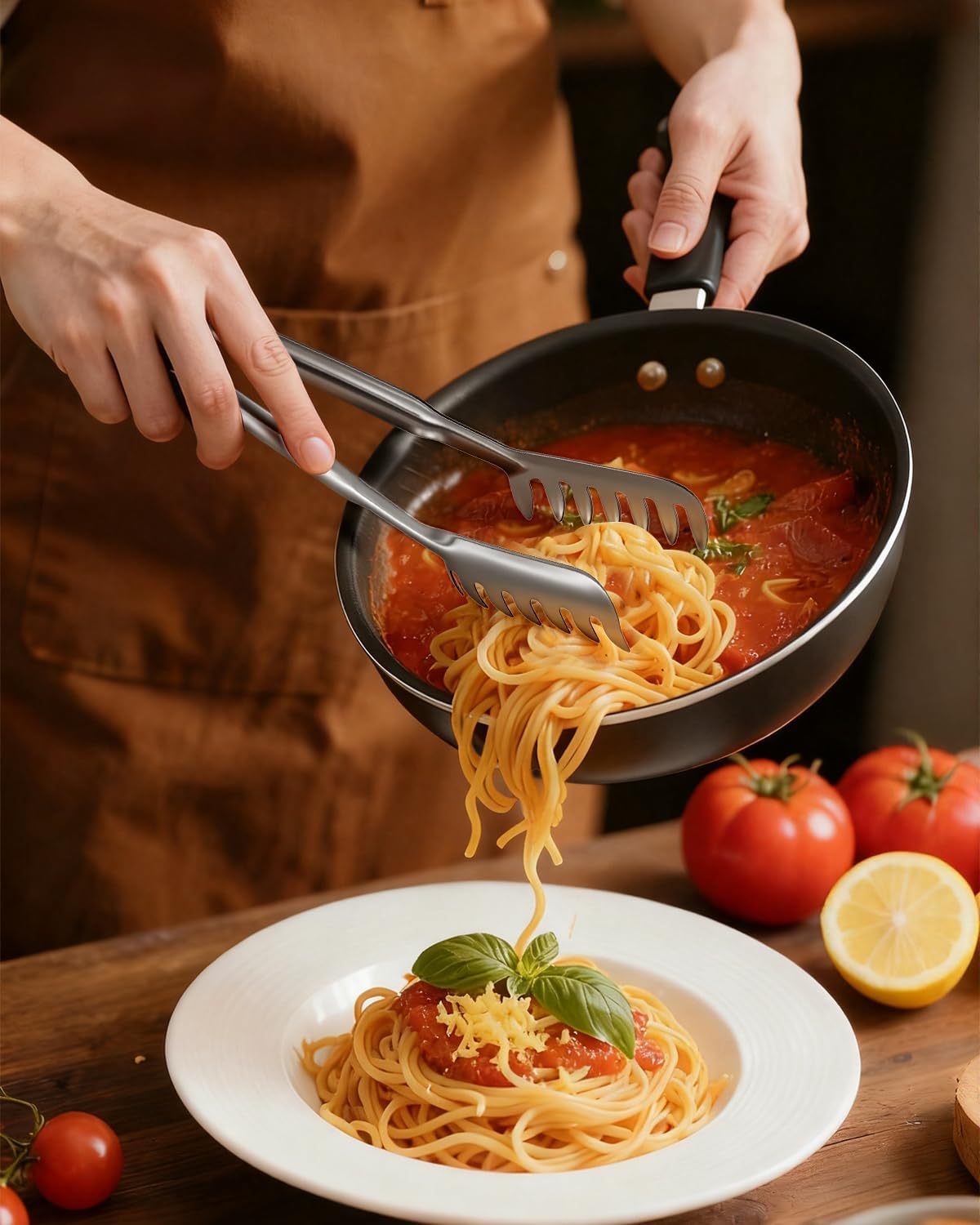 Spaghetti Spoon and Pasta Tong with Grip Teeth and Drain Holes, 2-Piece Non-Stick Silicone Head with Stainless Steel Handle, Heat Resistant Food Grade Utensils for Cooking, Serving, Salad and Noodles