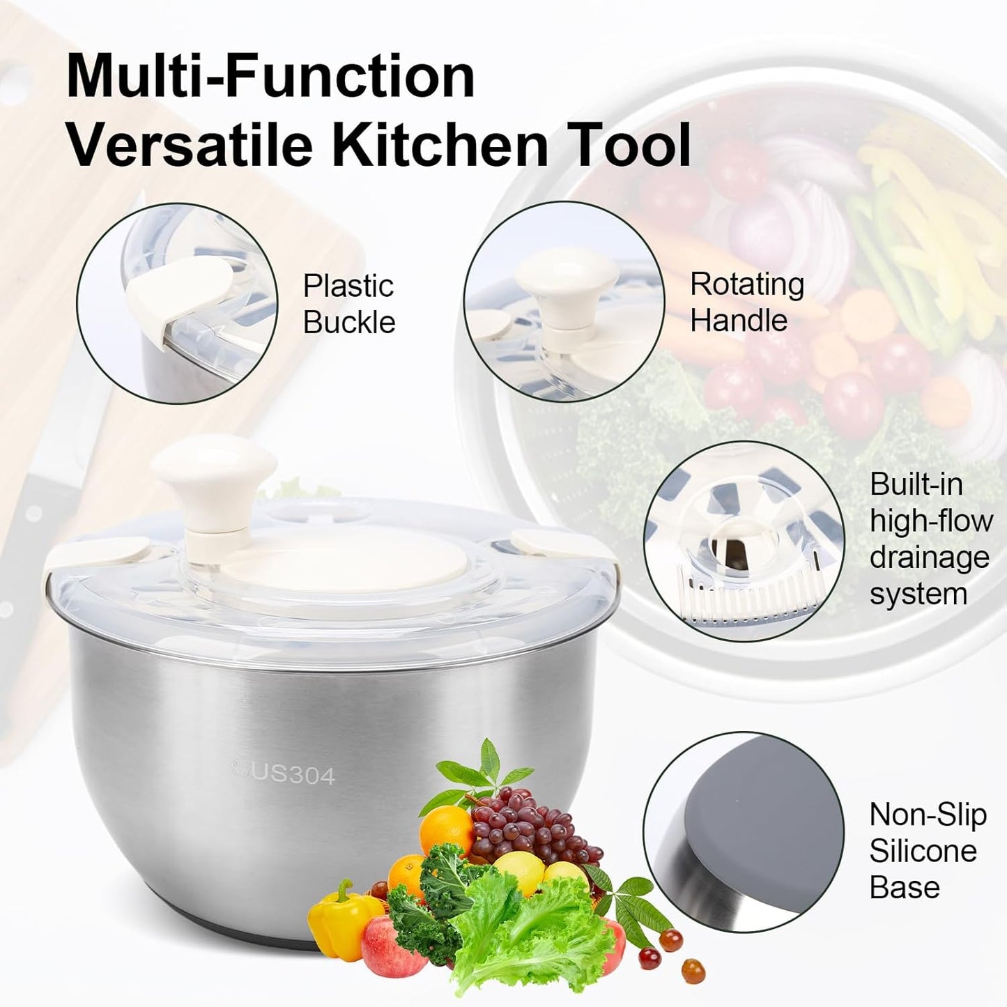 Stainless Steel Salad Spinner, Lettuce Spinner with Drain, fruit washer 6 QT with PP Cover Non-Slip Base, 3-in-1 Vegetable Wash Bowl for Dehydrating Lettuce, Fruits and Vegetables, Pasta