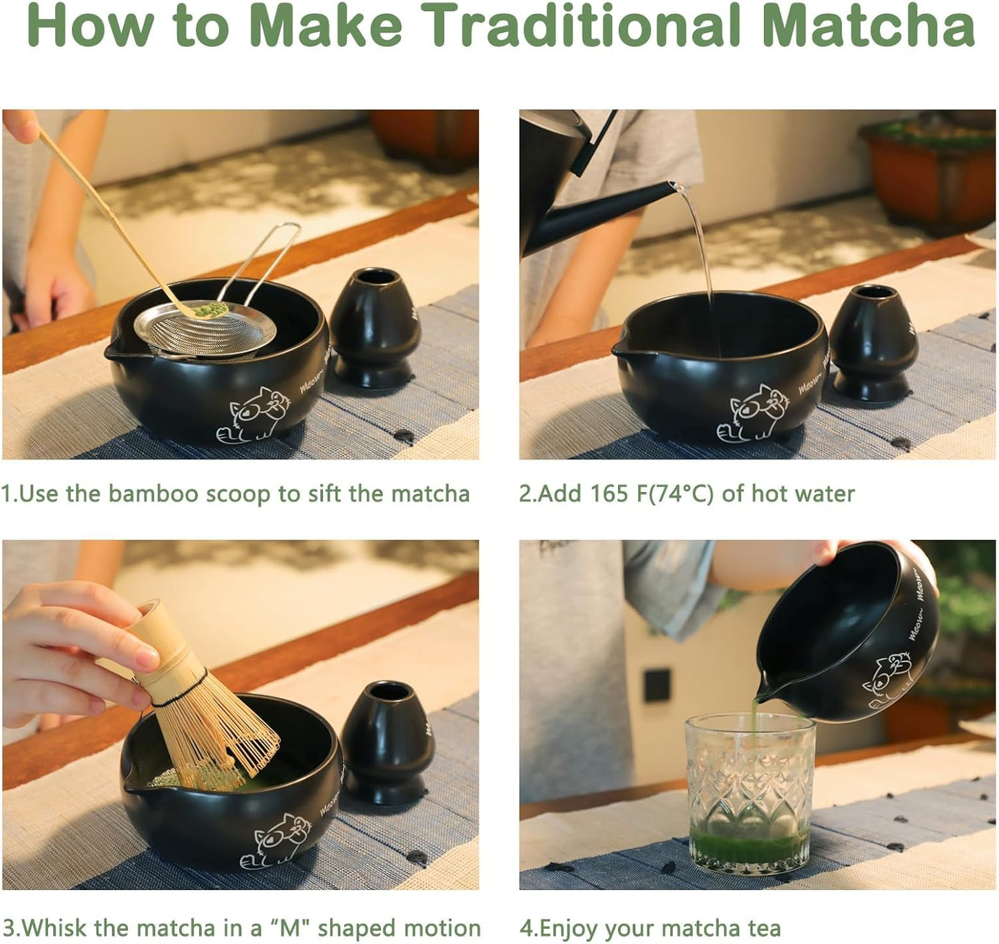 Matcha Whisk Set, 5 Pcs Traditional Japanese Matcha Whisk Preparation Kit, White Glossy Ceramic Bowl with Black Cat and Strawberry Pattern