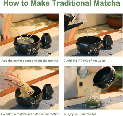 Matcha Whisk Set, 5 Pcs Traditional Japanese Matcha Whisk Preparation Kit, White Glossy Ceramic Bowl with Black Cat and Strawberry Pattern