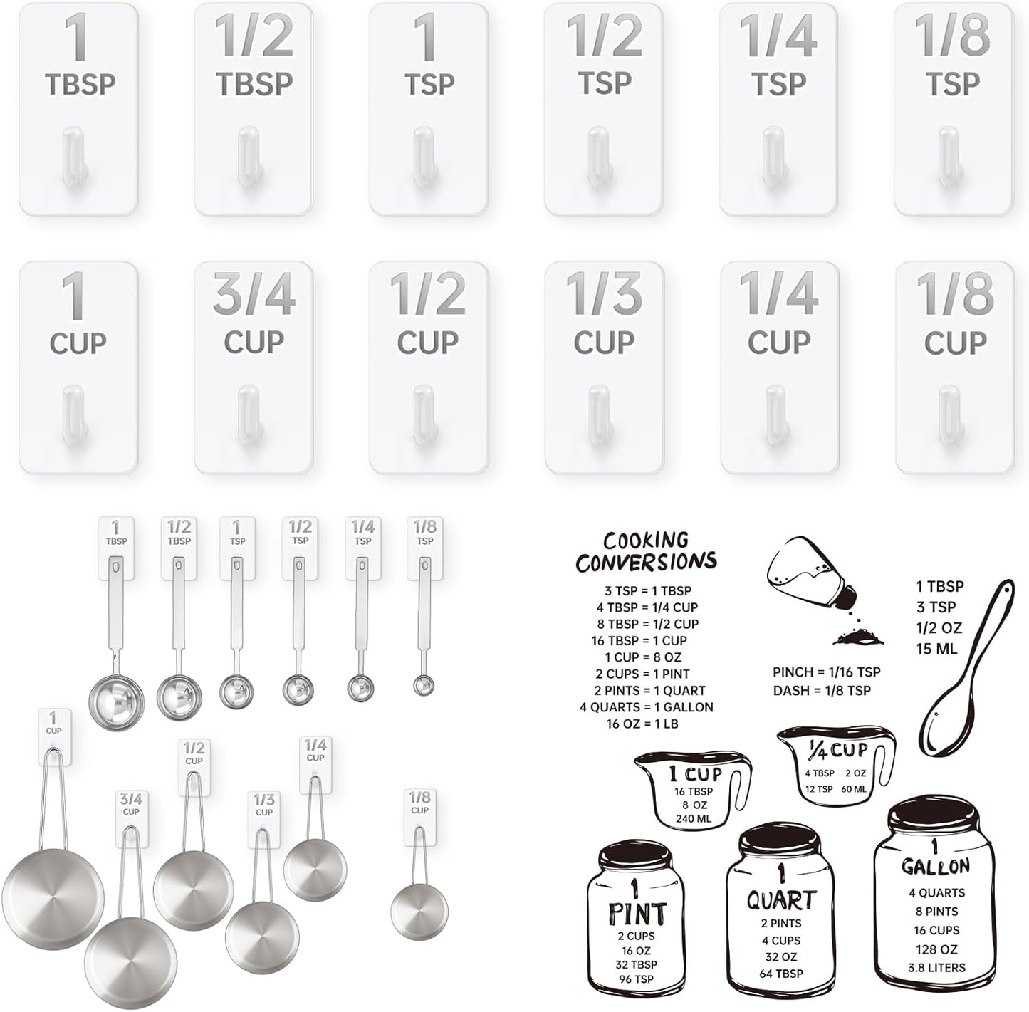 Measuring Cup and Spoon Organizer, 12 Pack Adhesive Wood Hooks for Hanging, Kitchen Hooks for Space Saving Storage