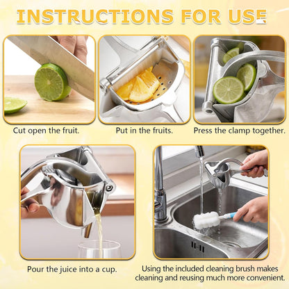 Fresh Fruit Juice Squeezer Handheld Aluminum Alloy,Hand Juicer Squeezer Lemon,Non-Slip Ergonomic Grip,Easy to Clean for Orange, Lemon, And Watermelon,with Two Beverage Bottles And A Cleaning Brush.