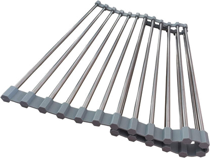 Roll Up Dish Drying Rack, Stainless Steel and Silicone Dish Drying Mat Over The Sink Foldable Drain Rack Multipurpose Dish Drainer for Kitchen, 14.5” x 14”, Gray